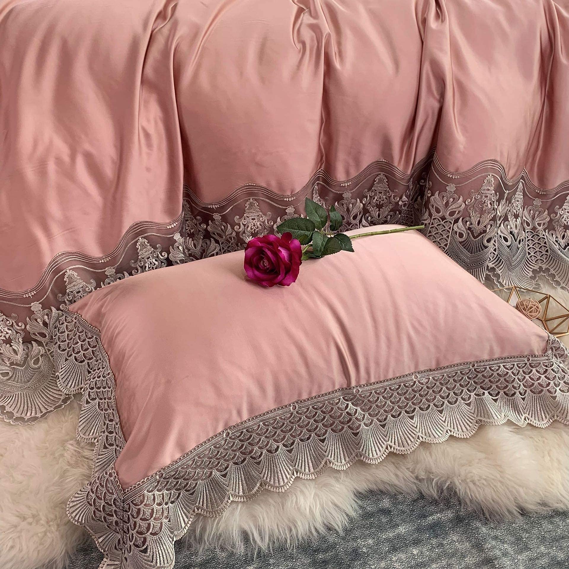 4 Pieces Satin Jacquard Embroidered Bedding Set Lace Print Hotel Quality Includes X1 Duvet Cover X2 Pillowcases and X1 Fitted Sheet Soft Lightweight Microfiber 220 240Cm