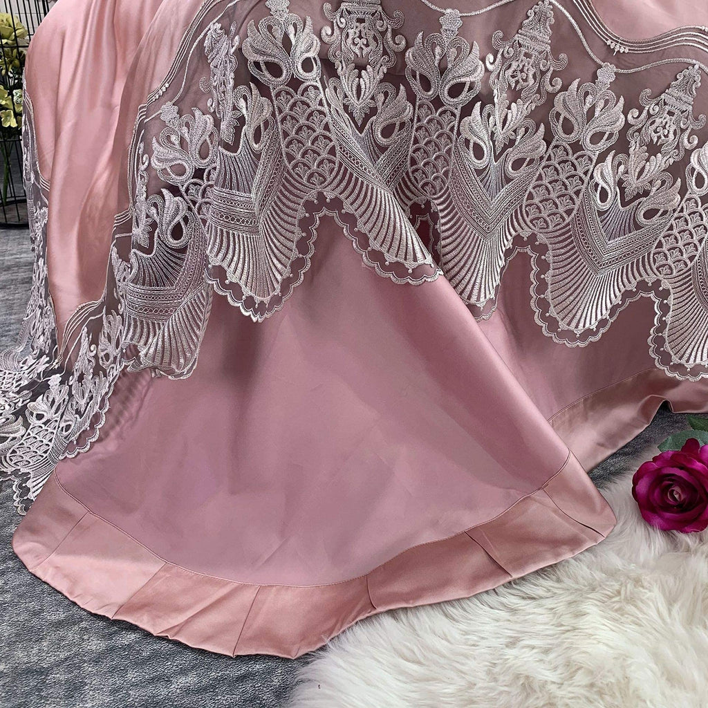 4 Pieces Satin Jacquard Embroidered Bedding Set Lace Print Hotel Quality Includes X1 Duvet Cover X2 Pillowcases and X1 Fitted Sheet Soft Lightweight Microfiber 220 240Cm