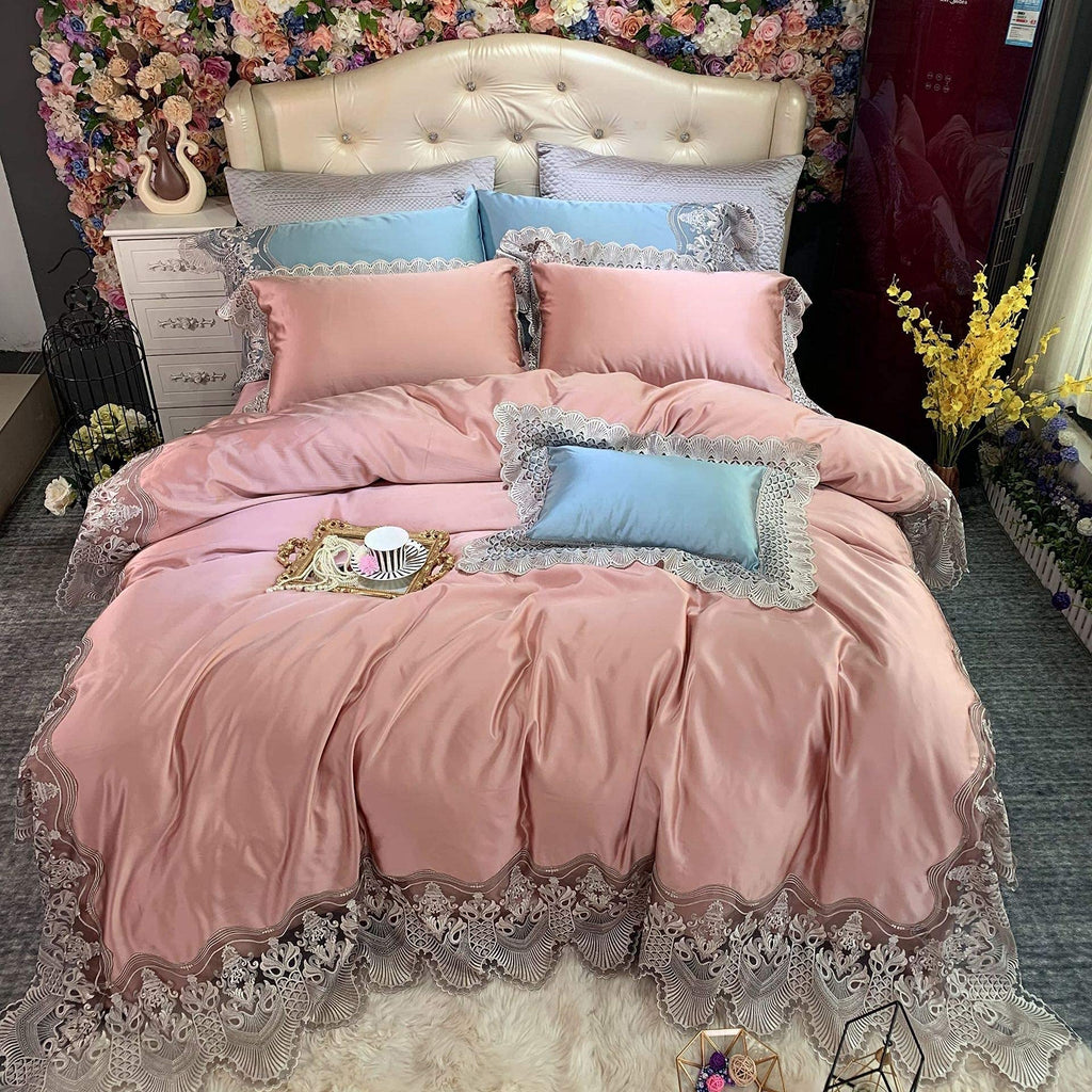 4 Pieces Satin Jacquard Embroidered Bedding Set Lace Print Hotel Quality Includes X1 Duvet Cover X2 Pillowcases and X1 Fitted Sheet Soft Lightweight Microfiber 220 240Cm